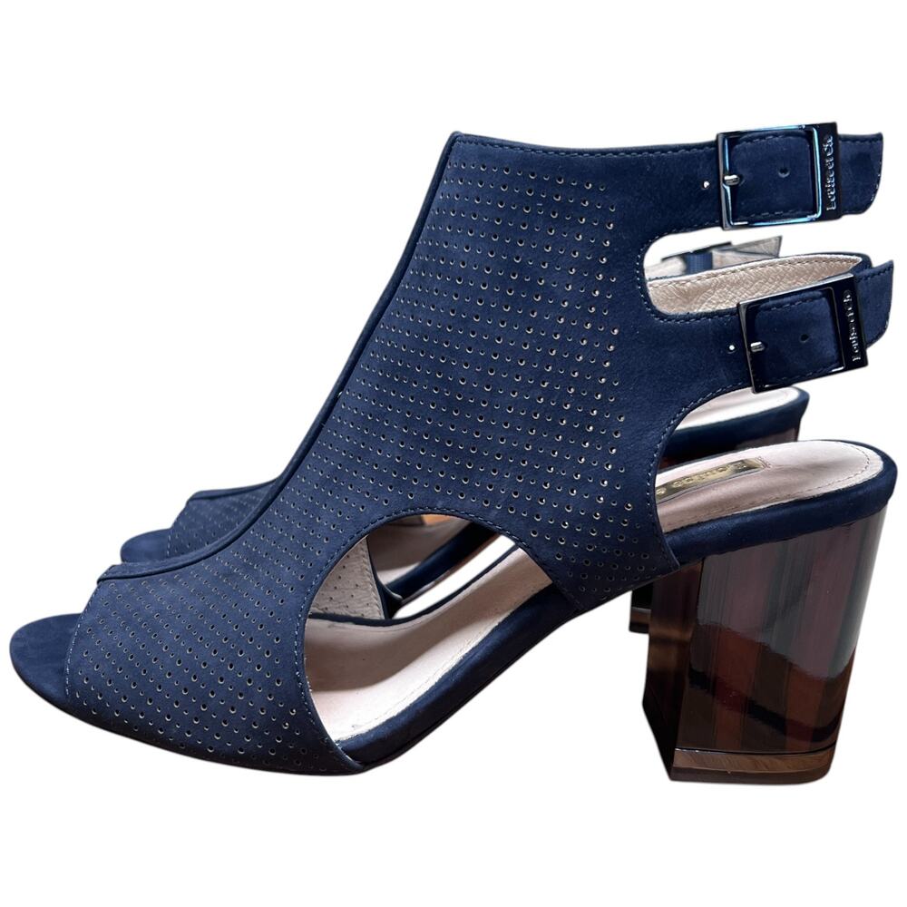 LOUISE ET CIE Lo-Vanita Women's 38.5/US 8.5 Navy Suede Sandal Tortoise Heel - Picture 2 of 16